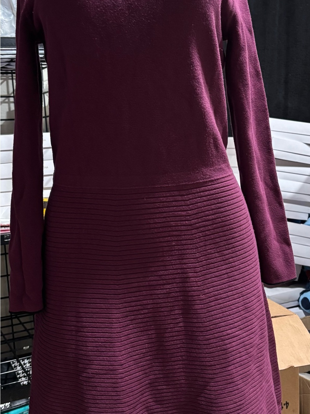 Banana Republic Long-Sleeve Ribbed Fit-and-Flare Dress in Plum
